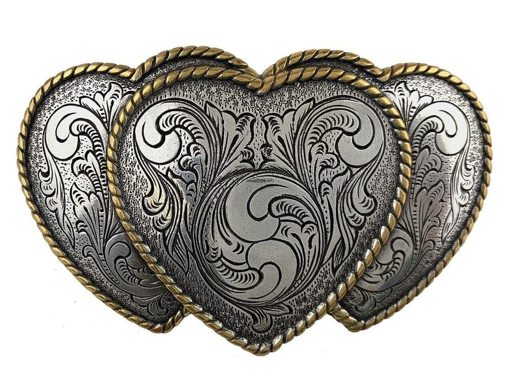 1710 HA0086 Western Antique Silver Gold Triple Hearts Floral Engraved